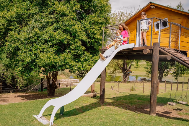 Chicos jugando en la casita del árbol con tobogán